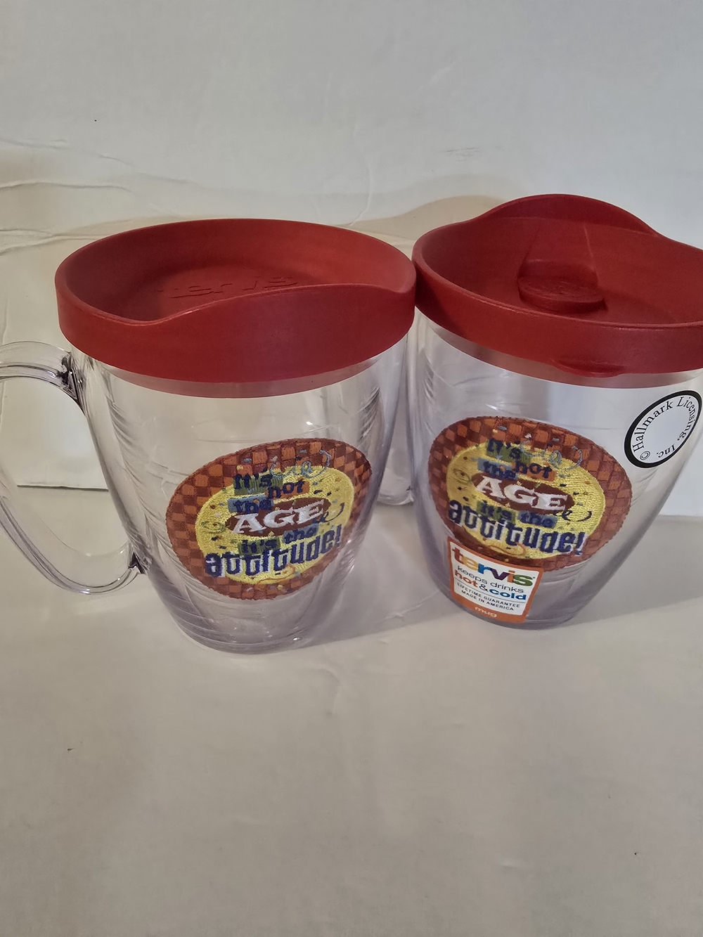 Tervis Clear Travel Mugs with Red Lids and Badge Graphics - Set of 2